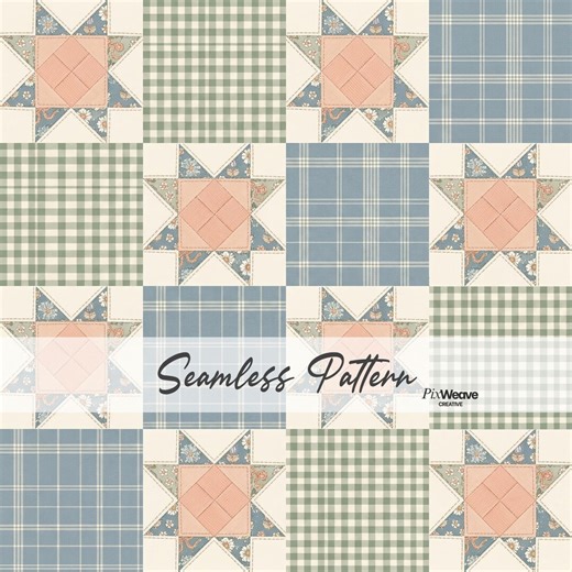Vintage Quilt Star Seamless Pattern, Farmhouse Patchwork Fabric, Blue Plaid Gingham Cottagecore Digital Paper - Etsy