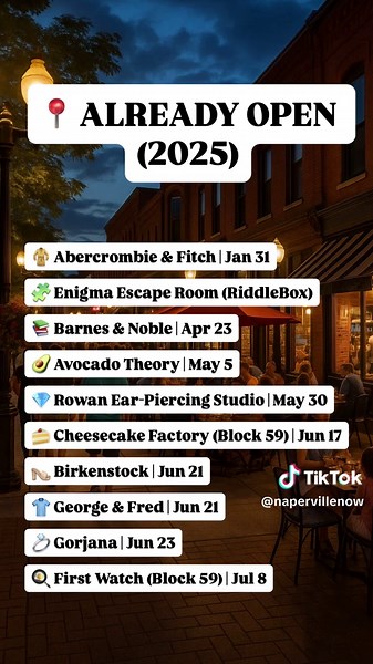 🚨 NAPERVILLE BUSINESS BOOM OR TOTAL TAKEOVER? 🚨 Naperville’s on a full-on retail rampage. FULL LIST BELOW ⬇️ ✅ Already Opened (Since Sept 2024) \t•\t🧁 Avocado Theory – May 2025 All-avocado café 🥑 | River District \t•\t📚 Barnes & Noble – Apr 23, 2025 Big reopening downtown w/ café \t•\t👟 Birkenstock – June 21, 2025 Midwest flagship! Downtown \t•\t💎 George & Fred – June 21, 2025 Jewelry & home store | 2F on Main \t•\t✨ Gorjana – June 23, 2025 Cali jewelry brand | Promenade \t•\t🍰 Cheesecak