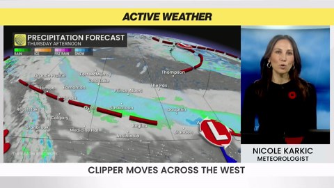 A clipper moving across the Prairies will bring snow and cold this week