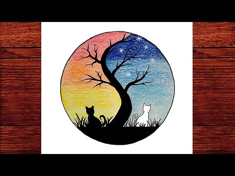 Gece Gündüz Renkli Manzara Çizimleri - Renkli Kuru Boya Manzara Resmi Çizimi - Çizim Mektebi 2021