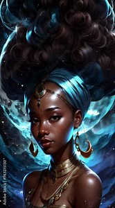 a celestial black African girl, astral female shaman, mysterious astral night sky scenery, magical astral charms, start constellations, surreal magical fantasy animation