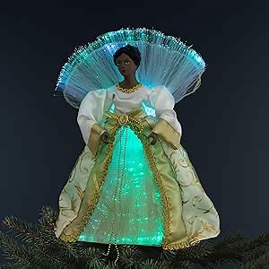 Lighted Fiber Optic African American Angel Christmas Tree Topper - 12" - Gold
