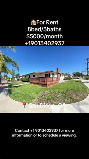 🏡 SPACIOUS 8-BEDROOM HOUSE FOR RENT! 🏡 📍 Address: 5754 Dorothy Dr, San Diego, CA 🛏️ Bedrooms: 8 🛁 Bathrooms: 3 💰 Monthly Rent: $5,000 Looking for a spacious home? This beautiful 8-bedroom, 3-bathroom house offers plenty of room for you and your family. Enjoy the comfort and space of a home designed for convenient living. ✅ 8 spacious bedrooms ✅ 3 bathrooms ✅ Generous living space ✅ Great for families ✅ Convenient location 📞 Interested? Contact us today! 📱 Call or text: 1(9013402937) Don’
