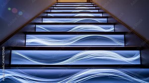 Artistic LED strip lighting patterns on stair risers adding visual interest and unique lighting effects to residential staircases.