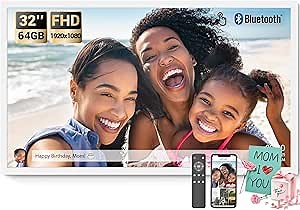 BSIMB 32 Inch Large Digital Picture Frame, Touchscreen 64GB 1920x1080 FHD WiFi Photo Frame Electronic Display Remote Control, Share Pictures/Videos via Free App/USB/SD Easy Setup Gifts for Mom, White