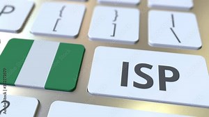 ISP or Internet Service Provider text and flag of Nigeria on the computer keyboard. National web access service related 3D animation