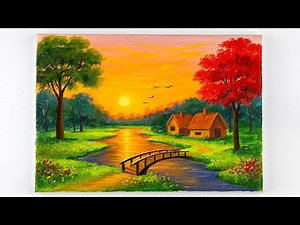 Easy Nature Scenery Drawing | Acrylic Landscape Painting on Canvas for Beginners