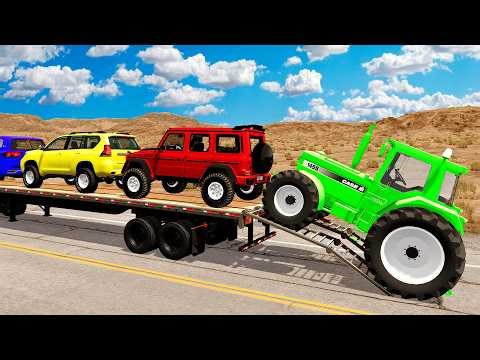 TRANSPORTING PIXAR CARS & FRUITS WITH COLORED & JOHN DEERE vs CLAAS vs TRACTORS - BeamNG.drive #983