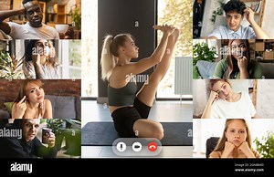 Yoga class online. Young multiethnic people, men and women watching online sport trainings, lessons using video app. PC, laptop screen with fitness Stock Photo - Alamy