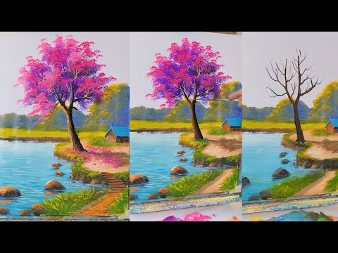 Step by Step Painting Cherry Blossom Tree by the River & Peaceful House | Acrylic Art