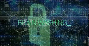 Animation of brainwashing text in green over padlock, motherboard and data processing, on black