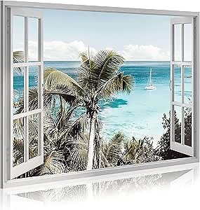 Sea Whisper Beach Window Canvas Wall Art: Ocean seaside Picture Tropical Palm Tree Artwork Print on Coastal Seascape Painting for Bedroom Decor (12x16)