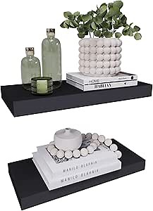 Hanging Shelves for Home Décor, Floating Shelves for Bathroom, Kitchen, Living Room, 15" Black, 2 Pack