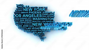 3d animation of US map formed by names of major cities Stock Video