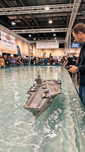 Miniature Aircraft Carrier at Indoor Maritime Expo – Ultra Realistic RC Ship in Action