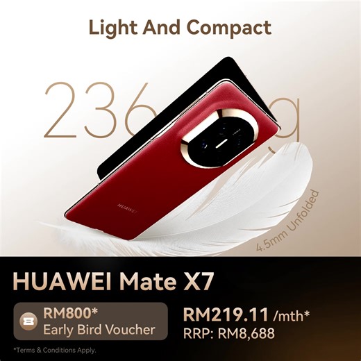 Experience innovation in your hands with the all-new HUAWEI Mate X7. Its Ultra-Reliable Foldable Architecture adapts seamlessly to everyday use. Capture vivid detail with the True-to-Colour Camera with Ultra HDR. It moves effortlessly with you as it is crafted in Light and Compact form, while the Innovative AI Experience makes editing simple. Additionally, long-lasting battery keeps you going, and fast charging gets you ready in no time. Pre-order Now at RM8,688 (RRP) to secure your HUAWEI Mate 