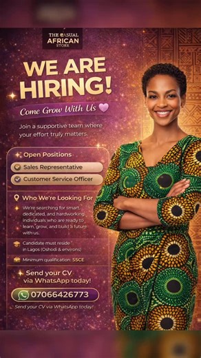 We’re hiring. And yes, this is your sign. Join a team where growth is intentional, effort is valued, and culture matters. If you’re smart, driven, and ready to work — we want you.  Lagos (Oshodi & environs)  Send your CV via WhatsApp: 07066426773 TikTok) #WeAreHiring #NowHiring #LagosJobs #OshodiJobs #AfricanBrand #CareersInLagos #JobOpportunity #TheCasualAfricanStore #ApplyNow | Casual African Store | Facebook