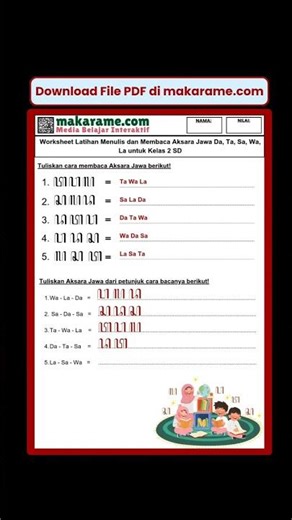 Worksheet for Writing and Reading Javanese Script Da, Ta, Sa, Wa, La for Grade 2 Elementary School