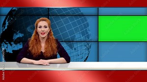 Beautiful red headed female anchor tells breaking news in broadcasting studio with green screen