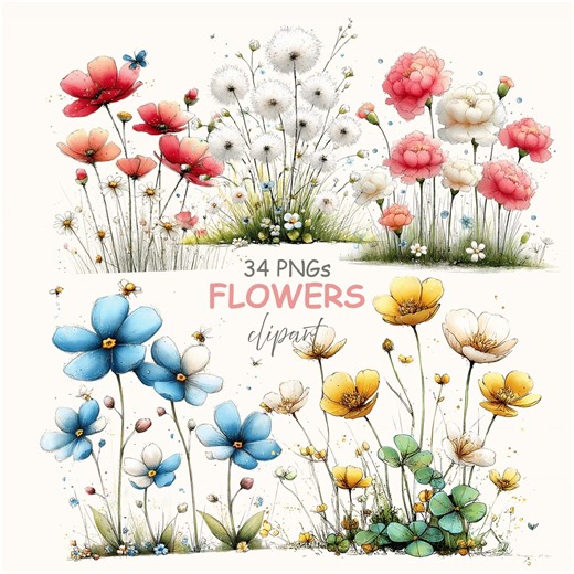 Cottagecore Flowers Spring Clipart: Whimsical Florals Graphics Bundle (digital Download - 34 Pngs) - Etsy