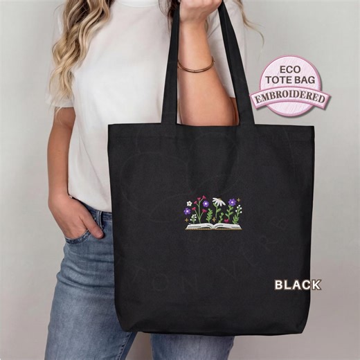 Embroidered Floral Library Tote Organic Cotton Eco Market Carryall Grocery Bag Reading Gift for Book Club Reader Teacher Everyday Shopping - Etsy