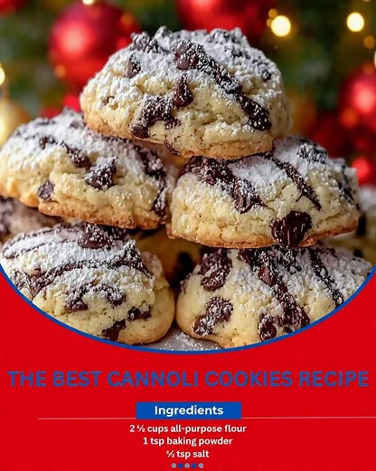 The Best Cannoli Cookies Recipe 🍪 Ingredients: 1/2 cup unsalted butter, softened 1 cup granulated sugar 1 cup whole milk ricotta cheese (well-drained overnight) 1 large egg 1 tsp vanilla extract 2 cups all-purpose flour 1/2 tsp baking soda 1/2 tsp salt 1/2 cup mini chocolate chips For the Topping: 1/2 cup powdered sugar 1–2 tbsp milk 1/4 tsp vanilla extract Extra mini chips powdered sugar for garnish Directions: Preheat oven to 350°F (175°C). Line baking sheets with parchment. Cream butter and 