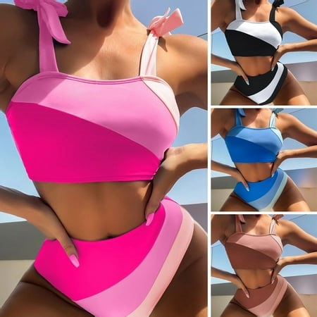 Fairnull 1 Set Women Bikini Set Contrast Color Patchwork Padded Wire Free Bow Split Type Bathing Suit Swimsuit Swimwear Water Activities Garment - Walmart.ca