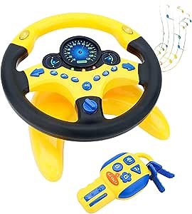 deAO Kids Steering Wheel for Backseat with Car Key Pretend Driving Simulated Driving Steering Wheel Toy with Light and Music Gifts for Kids (Yellow)