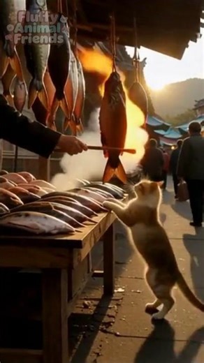 Cat Tries to Steal Fish at the Market!