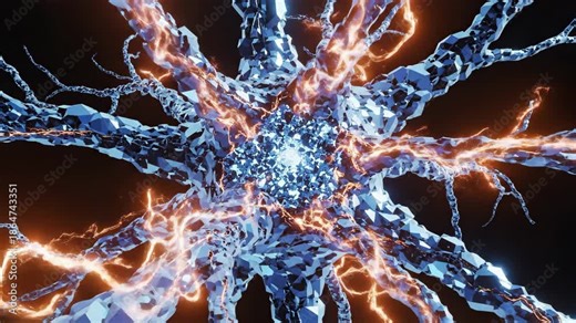 Abstract Blue and White Polygonal Network Structure with Orange Electric Arcs in a Dark Background with Low Angle View