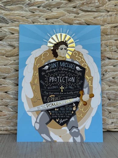 St. Michael Illustrated Protection Prayer, Gold Foil 5 X7 Card, Armor and Sword - Etsy