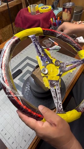 A steering wheel I engraved awhile back. While engraving can potentially be fun and even relaxing, I do not recommend you do it while driving. Thanks to all who support my artwork and automotive/motorcycle engraving in general. Support is not always financial, likes and shares are appreciated as well. Giving all the glory to God. God bless. 🙏 #Engraving #engraver #art #artist #lowriderengraving #motorcycleengraving | Lugos Engraving