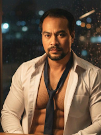 Handsome Thai office worker OT at night, face resembling reference model, unbuttoned dress shirt exposing natural chest and defined torso, tie hanging loose, sexy tired look, warm desk lamp glow, paperwork scattered, moody cinematic studio style, realistic muscles, strong arms, masculine energy, shallow depth of field #ชายรักชาย #ai #แจกpromptฟรี #ลุงหนวดดอทคอม