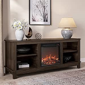 BELLEZE Modern 58" Traditional TV Stand with 18" Electric Fireplace Heater & Media Entertainment Center Console Table for TV up to 65" with Four Shelves and Heater - Charmant (Dark Walnut)