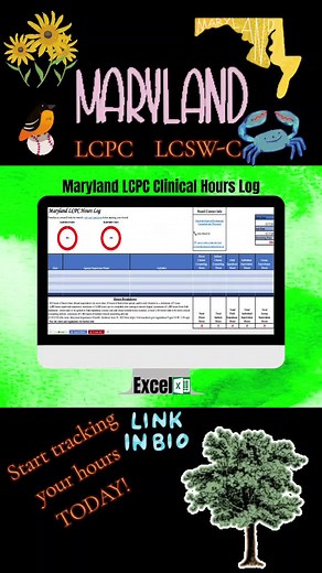 These are the Maryland LCPC and LCSW-C clinical hours logs for Excel and Google Sheets listings! If you're starting your LCPC or LCSW-C hours in Maryland, this is the easiest way to track them! Hours and requirements have already been preloaded into the spreadsheet. Other features include a countdown timer, donut charts to see your progress, links to the board website, rules and regulations and contact info, hours breakdown, and more! Please let me know if you have any questions! Link in bio! #S