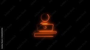 Glowing neon line working on computer icon.Businessman working in the computer icon.Office worker sitting at desk and working on computer icon Stock Video