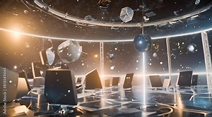 Dark room with many computers and a globe, all lit by window light