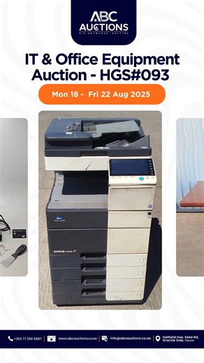 IT & Office Equipment Auction - HGS#093 | MON 18 AUG > FRI 22 AUG 2025 💥Auction Now LIVE on the ABC Auctions App [x] Download the ABC Auctions App Now - https://qrco.de/ABC_Auctions [x] Start Bidding - https://tinyurl.com/yc4n2bff [X] Subscribe to our YouTube Channel for more content - https://youtube.com/@abcauctions7837 📲Contact us today to find out how we can help you sell your vehicles & Goods: Harare: 📞Call: 086 77009 086 📲WhatsApp: https://wa.link/hoz14b 📍ABC Auctions, Hatfield House,