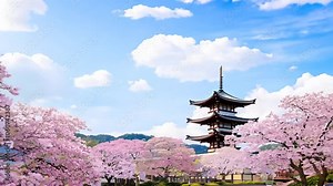 time-lapse Spring blossom seamless background pagoda chureito cherry Generated trees video virtual animation landscape looping flower japanese scenery springtime sakura nature pink tree blur colourfu Stock Video