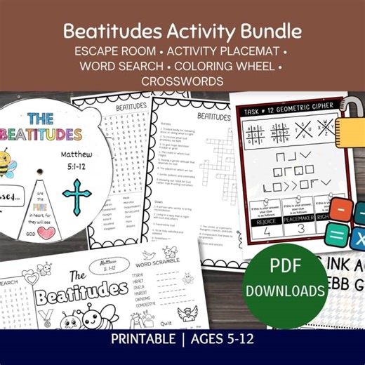 Beatitudes Activity Bundle, 5 Sunday School Lessons, Escape Room and Puzzles