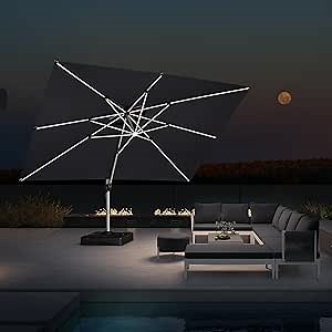PURPLE LEAF 10' X 13' Double Top Deluxe Solar Powered LED Rectangle Patio Umbrella Offset Hanging Umbrella Outdoor Cantilever Umbrella, Grey