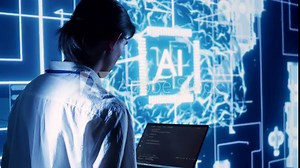Competent manager in data center running programming scripts on laptop, solving tasks. Licensed specialist manipulating lines of code for artificial intelligence applications development