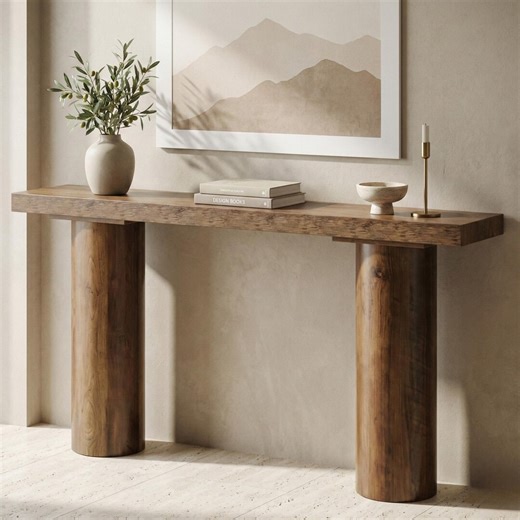 63" Farmhouse Console Table, Narrow Entryway Sofa Table Behind Couch, Rustic Walnut Brown Hallway Foyer Table, Thick Pillar Base - Etsy