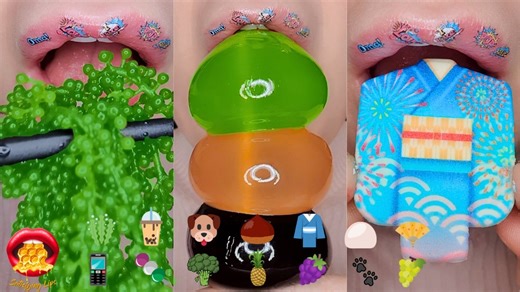 SATISFYING ASMR EATING EMOJI FOOD CHALLENGE KOHAKUTOU WAX JELLY CANDY SEA GRAPES KONJAC JELLY GUMMY BALLS I hope you enjoy this ASMR satisfying eating emoji food challenge,all very different sounds, crunchy wax jelly candy, soft giant gummy ball crunchy sea grapes & crunchy kohakutou ginat balls of konjac jelly & lots more! Why not leave your favourite food requests & TikTok mukbang Emoji food challenge request in the comments, I will try to complete some of your satisfying ASMR Emoji food chall