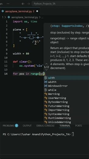 Flying Airplane in Terminal ✈️ Python Animation #shorts #coding #python #pythonprogramming #program