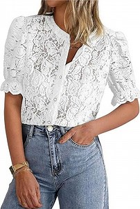 PRETTYGARDEN Womens Summer Lace Tops Short Puff Sleeve Casual Dressy Blouses Eyelet Crew Neck Buttom Down Shirts