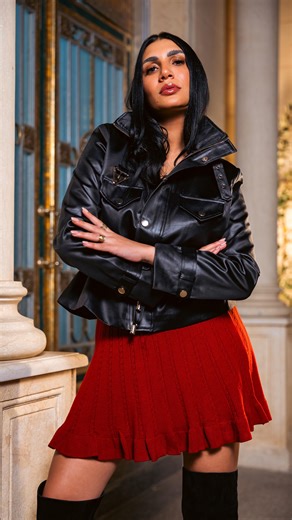 Maison M on Instagram: "Bold meets feminine 🖤🔥 A structured black leather jacket styled with a burgundy knit mini skirt for the ultimate winter power look. Confident, chic, and effortlessly elegant"