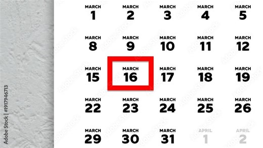The date March 16th marked with a red cursor on the wall calendar 2026