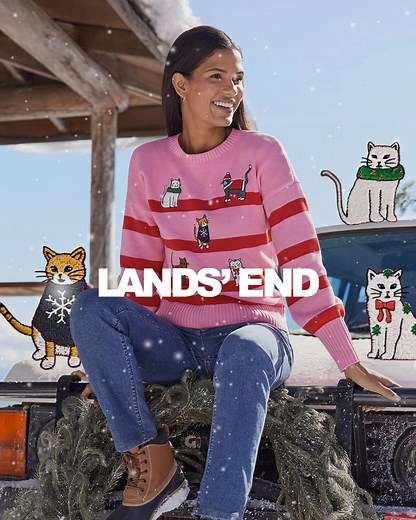 Explore our coziest, cutest layers brimming with personality — purr-fectly festive for the holiday season. 😻🎄 | Lands' End