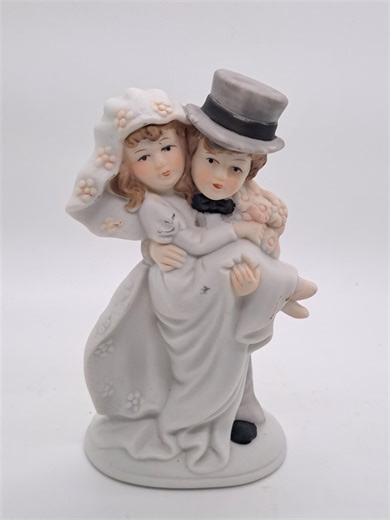 Vintage Bride Groom Cake Topper Figurine: "Carried Away" Ceramic Bisque